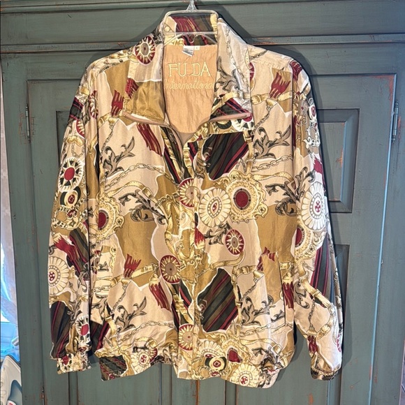 FU DA International Silk Cream and Brown Floral Bomber Jacket Abstract Print - Picture 4 of 14